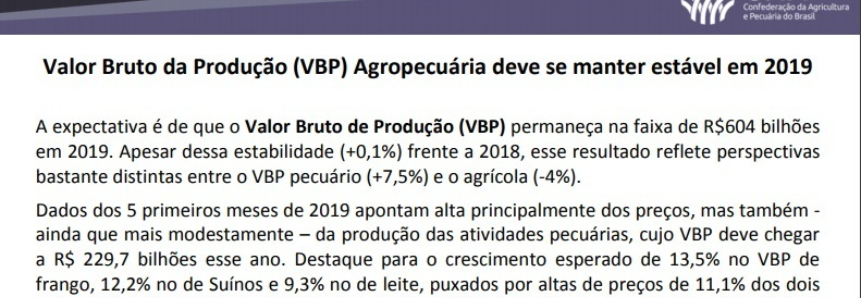 Análise da CNA mostra que VBP do Agro deve ficar estável em 2019