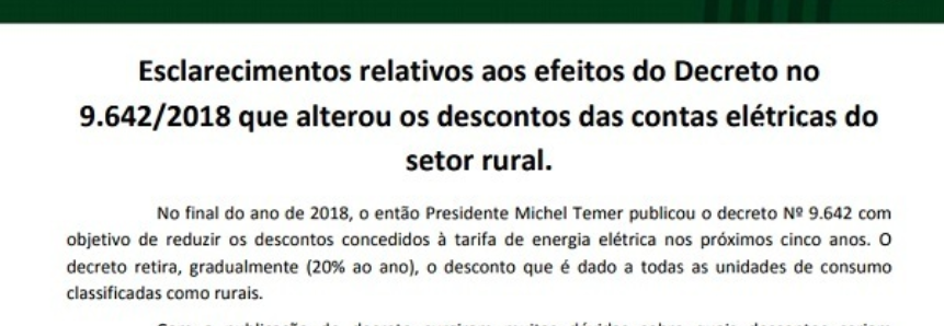 CNA defende revogação de decreto que reduz descontos da energia no meio rural