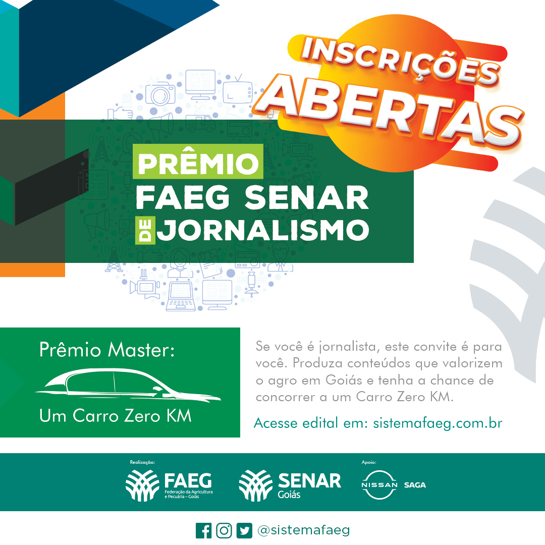 Inscrições para o Prêmio Faeg/Senar de Jornalismo terminam em 30 setembro