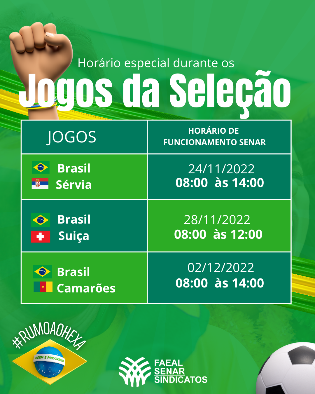 Senar/AL e Faeal funcionam em horário especial durante jogos do Brasil na Copa
