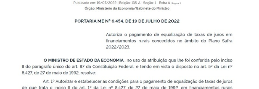 Publicada portaria que autoriza equalização de juros da safra 2022/2023